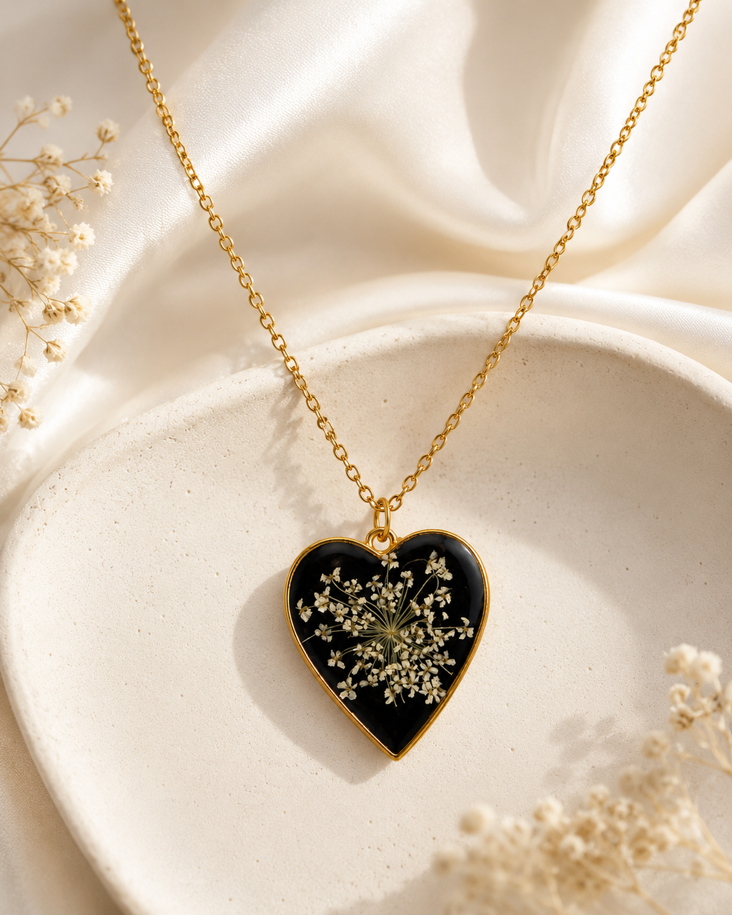 Handmade Black Resin Heart Necklace with Pressed Flowers | Floral Pendant Necklace | Nature Inspired Jewelry | Unique Gift for Women