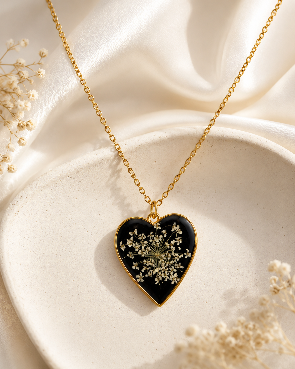 Handmade Black Resin Heart Necklace with Pressed Flowers | Floral Pendant Necklace | Nature Inspired Jewelry | Unique Gift for Women