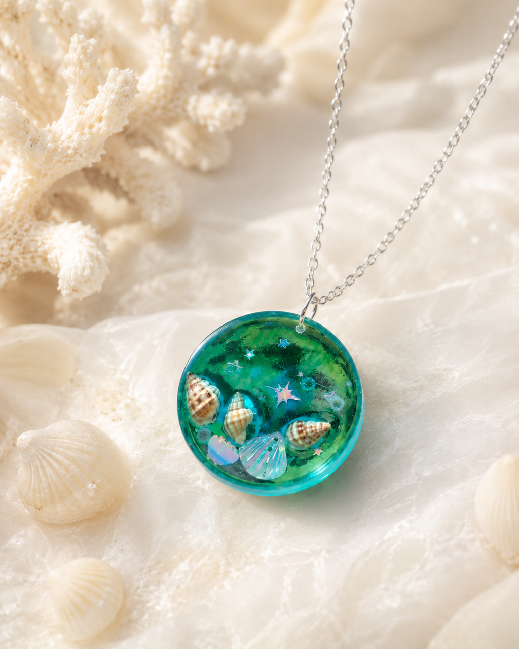 Handmade Ocean Resin Necklace with Seashells | Beach-Themed Pendant | Coastal Jewelry Gift for Women | Mermaid Aesthetic Accessory