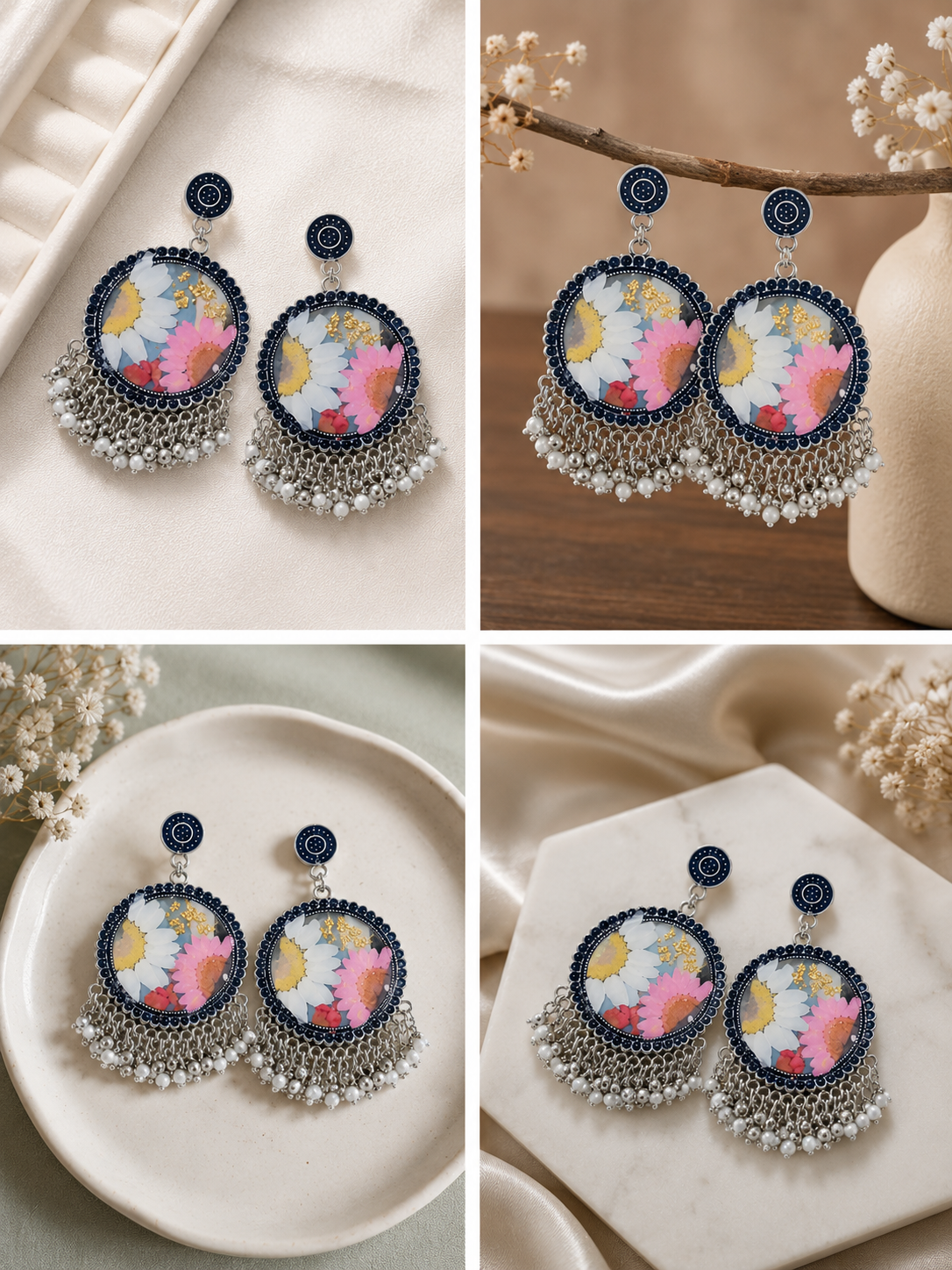 Pressed Flower Resin Earrings | Handmade Floral Dangle Earrings | Botanical Jewelry | Pearl Fringe Earrings | Gift for Her