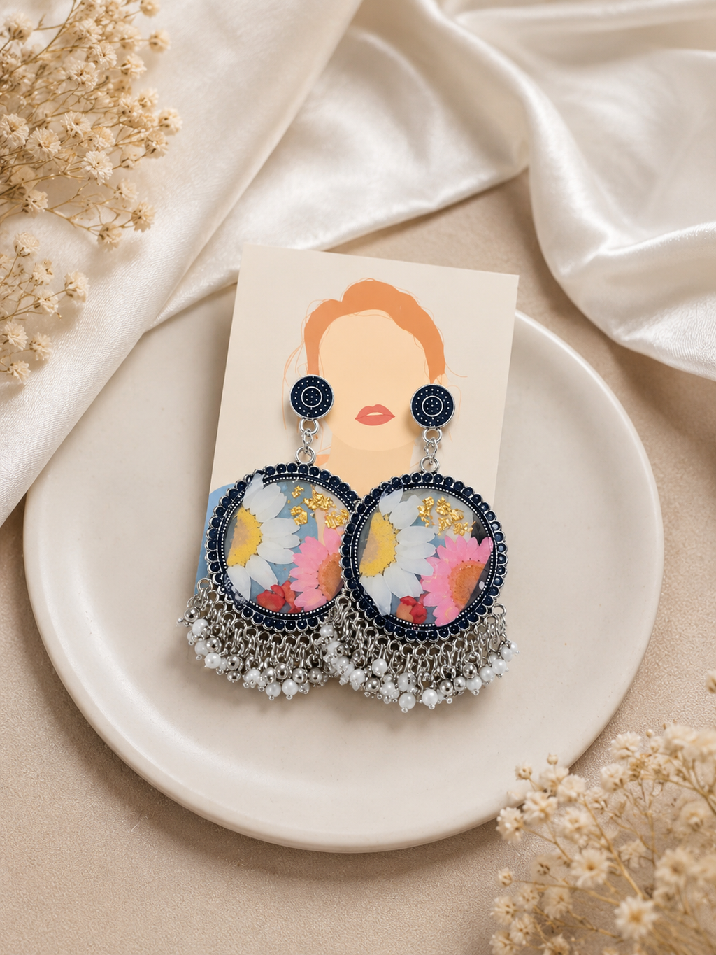 Pressed Flower Resin Earrings | Handmade Floral Dangle Earrings | Botanical Jewelry | Pearl Fringe Earrings | Gift for Her