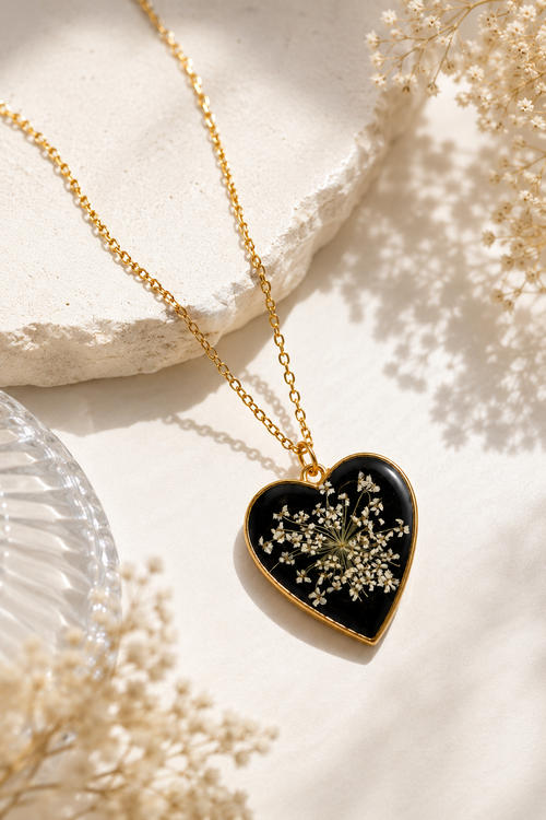 Handmade Black Resin Heart Necklace with Pressed Flowers | Floral Pendant Necklace | Nature Inspired Jewelry | Unique Gift for Women