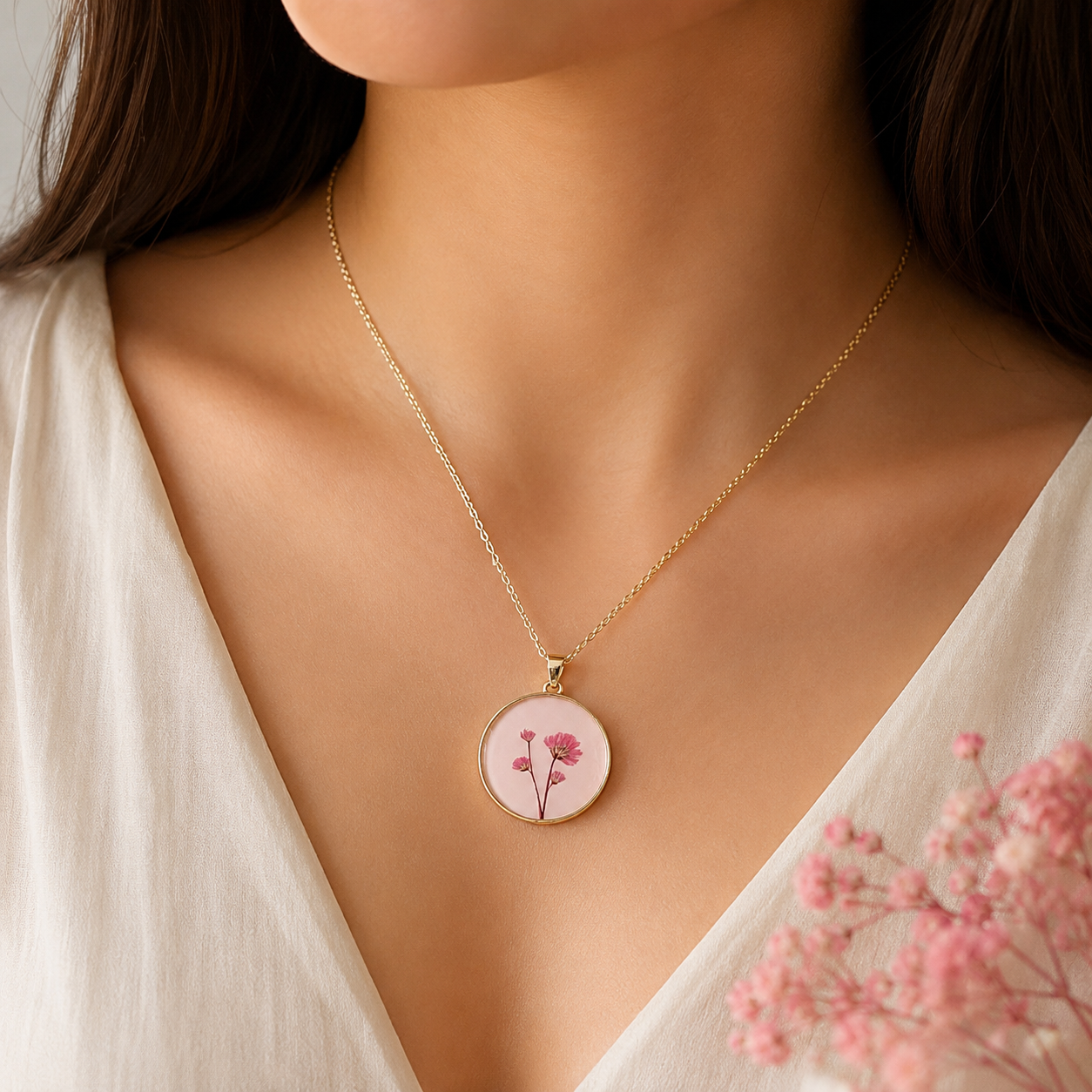 Pink Pressed Flower Pendant Necklace 🌸✨
