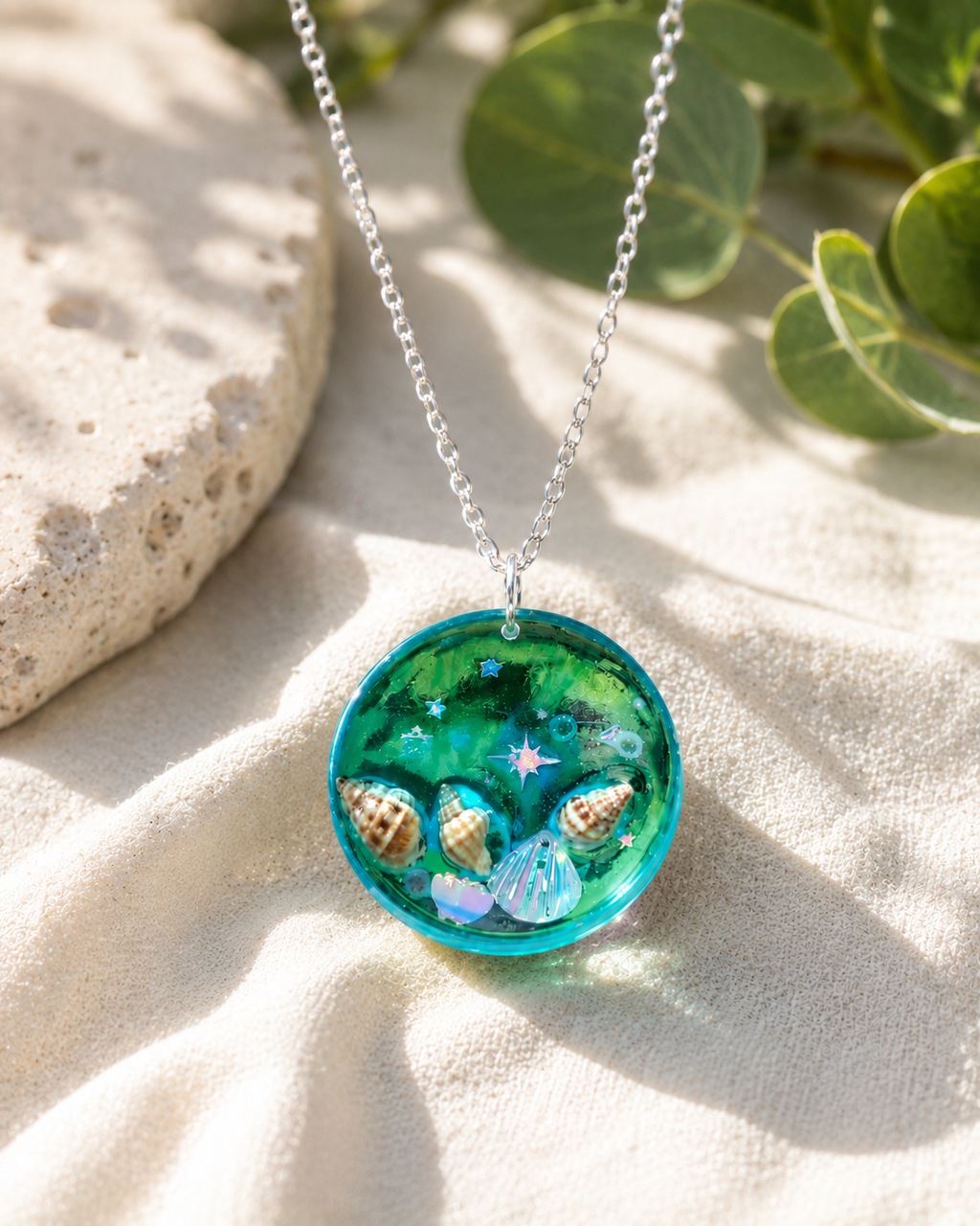 Handmade Ocean Resin Necklace with Seashells | Beach-Themed Pendant | Coastal Jewelry Gift for Women | Mermaid Aesthetic Accessory