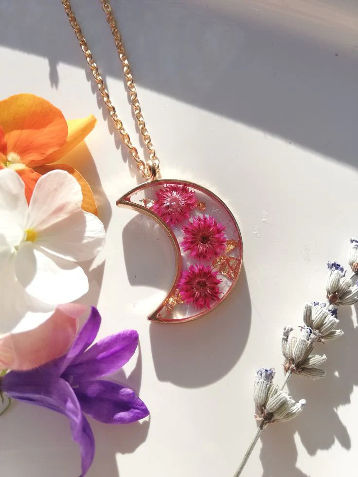 Crescent Moon Floral Resin Necklace 🌙🌸
