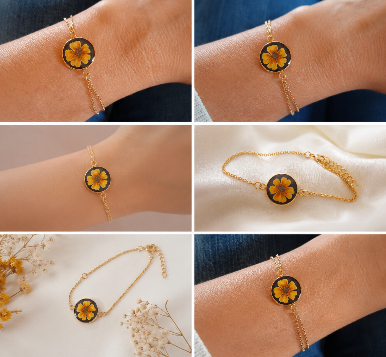 Handmade Sunflower Bracelet with Real Pressed Flower | Resin Floral Jewelry | Adjustable Gold Bracelet | Unique Gift for Women