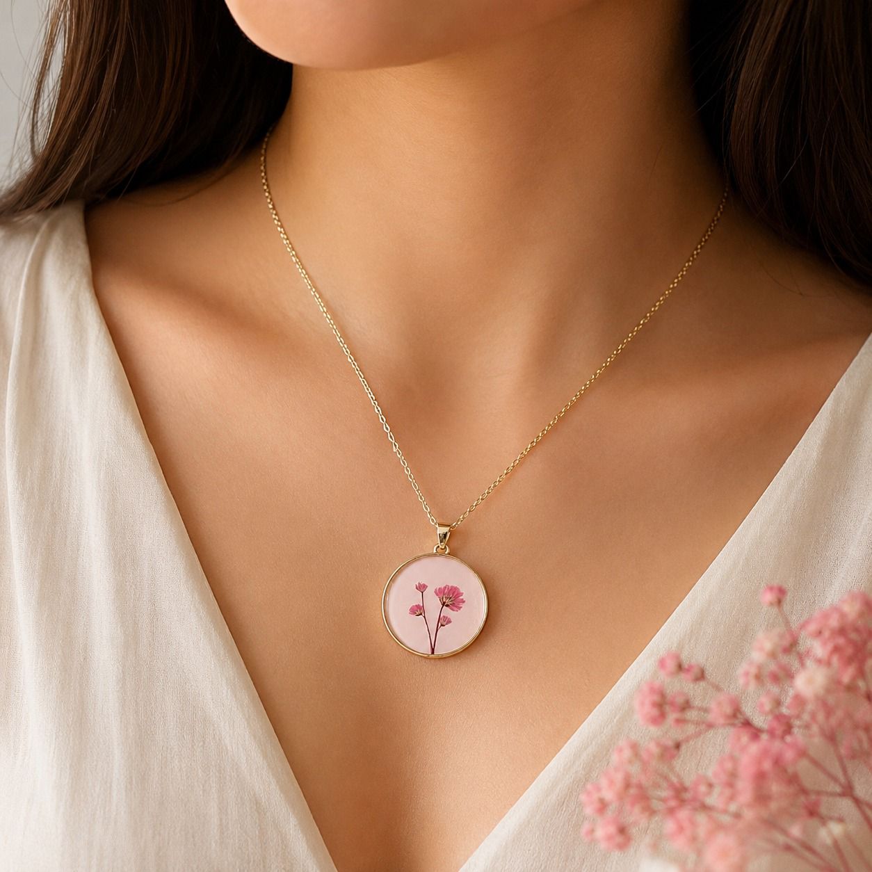 Pink Pressed Flower Pendant Necklace 🌸✨