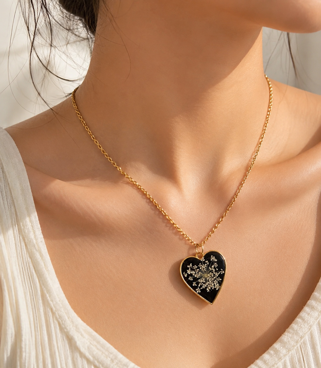 Handmade Black Resin Heart Necklace with Pressed Flowers | Floral Pendant Necklace | Nature Inspired Jewelry | Unique Gift for Women