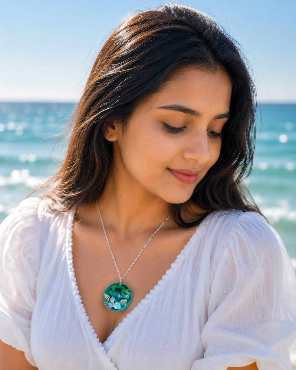 Handmade Ocean Resin Necklace with Seashells | Beach-Themed Pendant | Coastal Jewelry Gift for Women | Mermaid Aesthetic Accessory