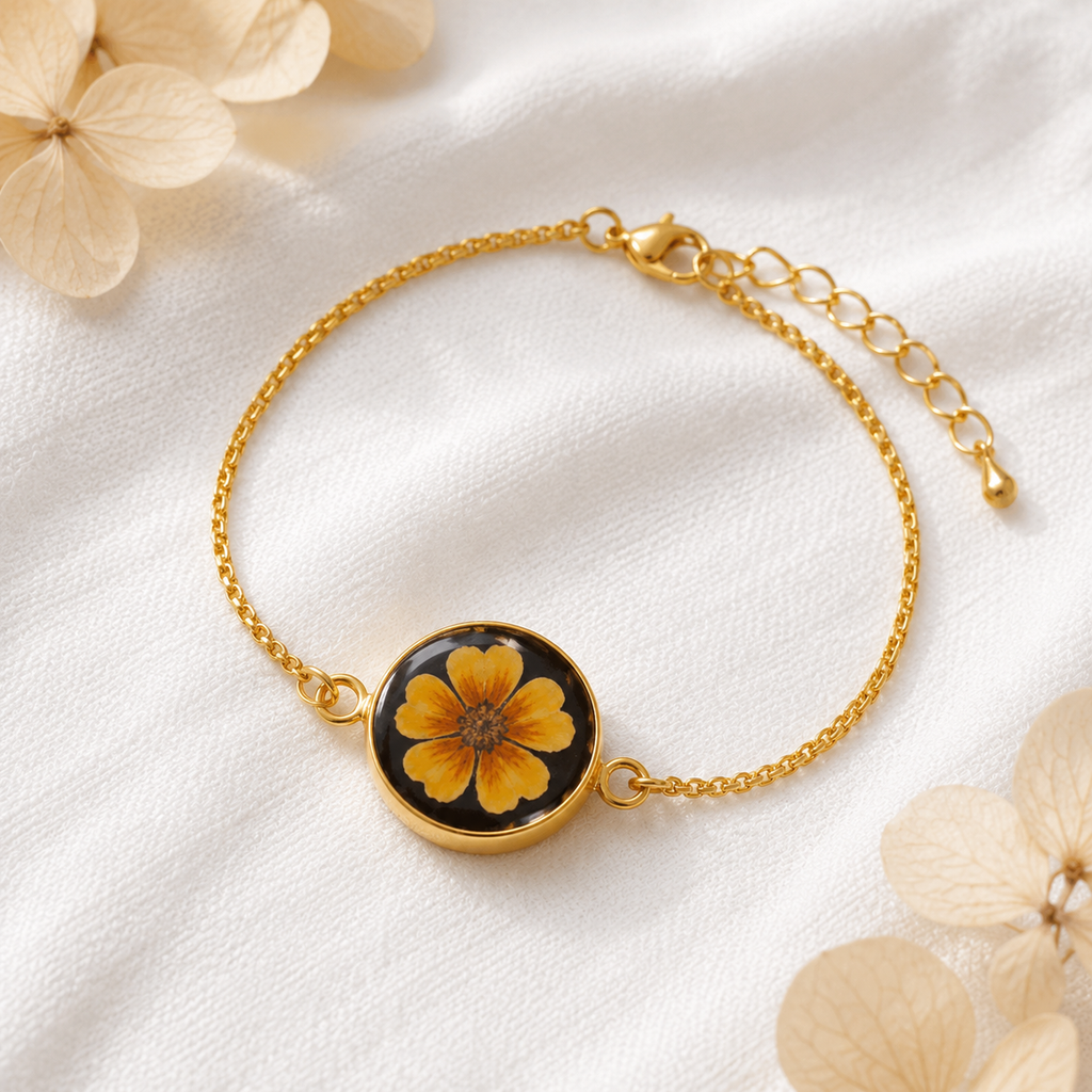 Handmade Sunflower Bracelet with Real Pressed Flower | Resin Floral Jewelry | Adjustable Gold Bracelet | Unique Gift for Women