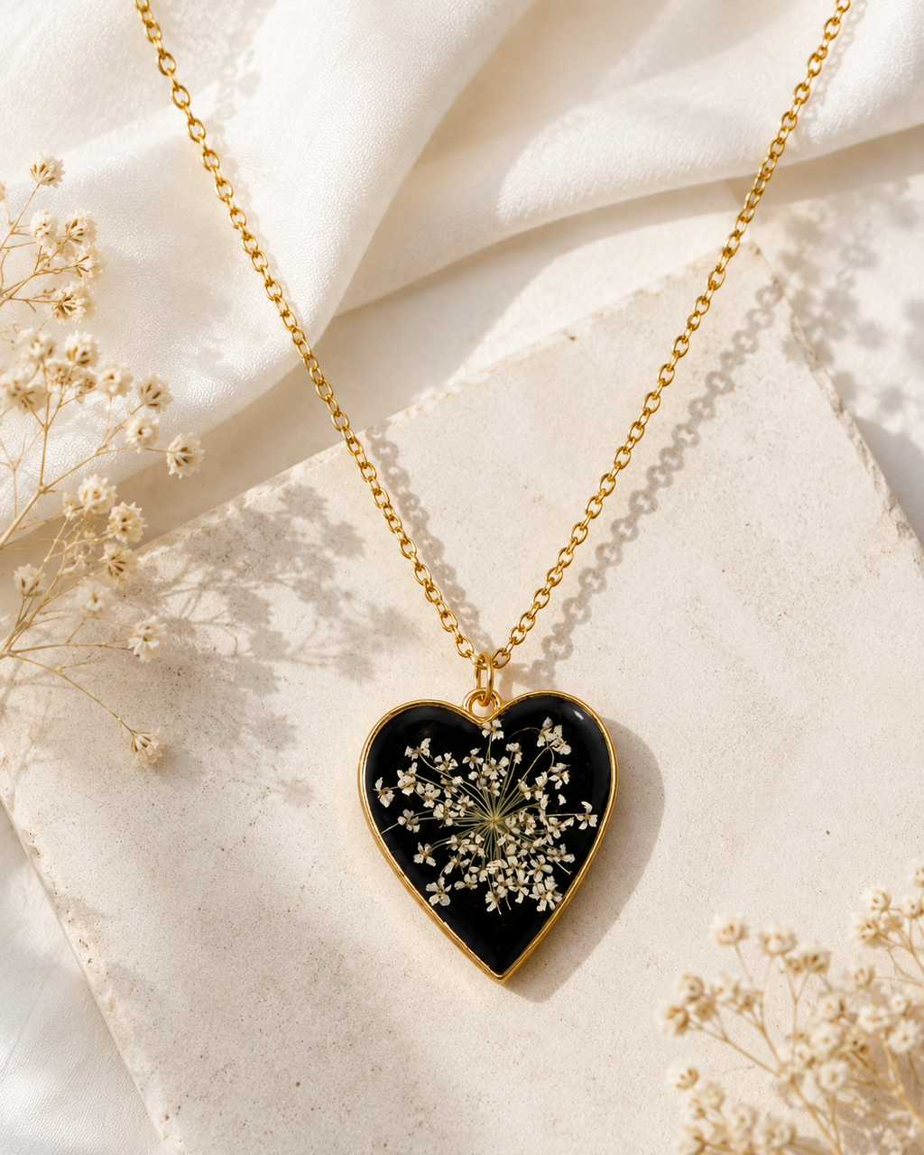 Handmade Black Resin Heart Necklace with Pressed Flowers | Floral Pendant Necklace | Nature Inspired Jewelry | Unique Gift for Women